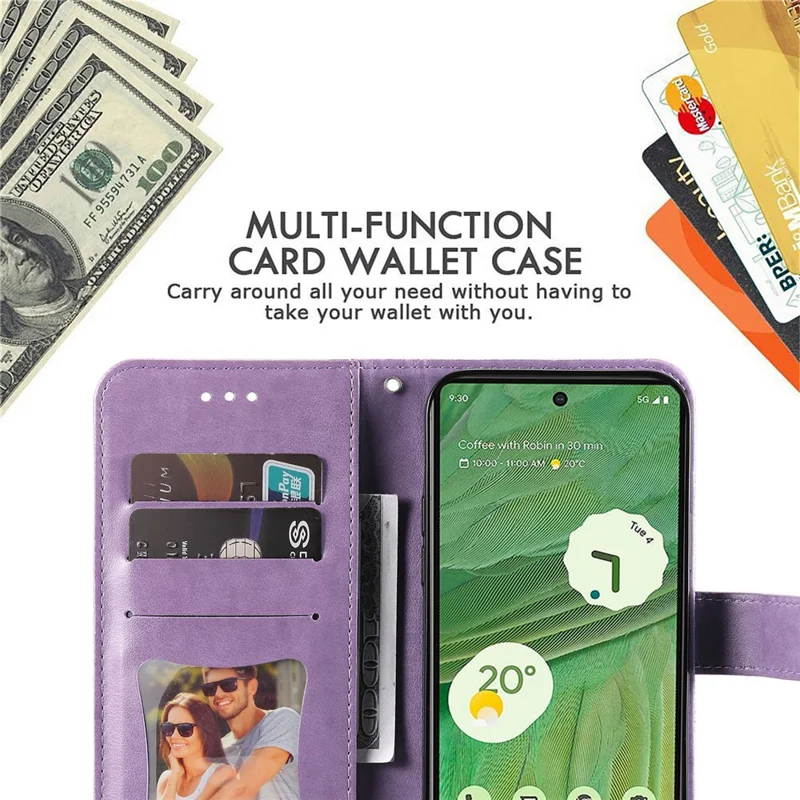 For Google Pixel 7 5G Case Floral Pattern PU Leather Wallet Stand Phone Cover - Purple