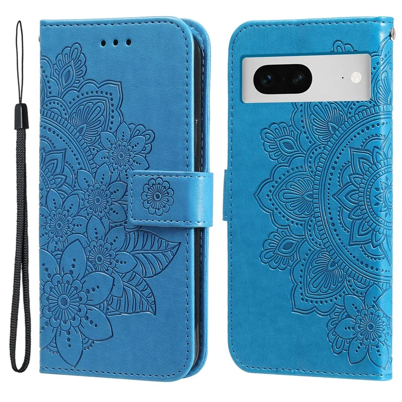 For Google Pixel 7 5G Case Floral Pattern PU Leather Wallet Stand Phone Cover - Blue