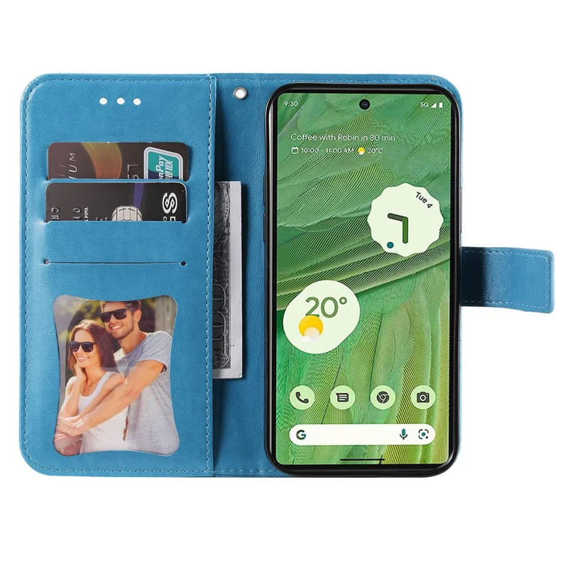 For Google Pixel 7 5G Case Floral Pattern PU Leather Wallet Stand Phone Cover - Blue