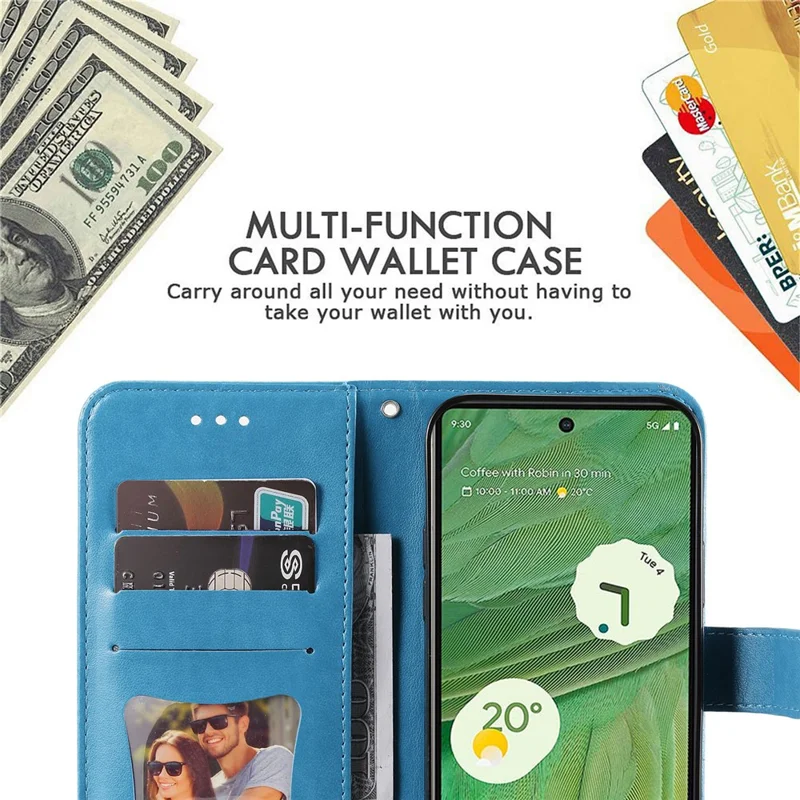 For Google Pixel 7 5G Case Floral Pattern PU Leather Wallet Stand Phone Cover - Blue
