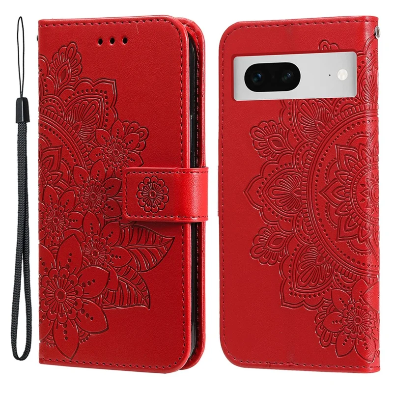 For Google Pixel 7 5G Case Floral Pattern PU Leather Wallet Stand Phone Cover - Red
