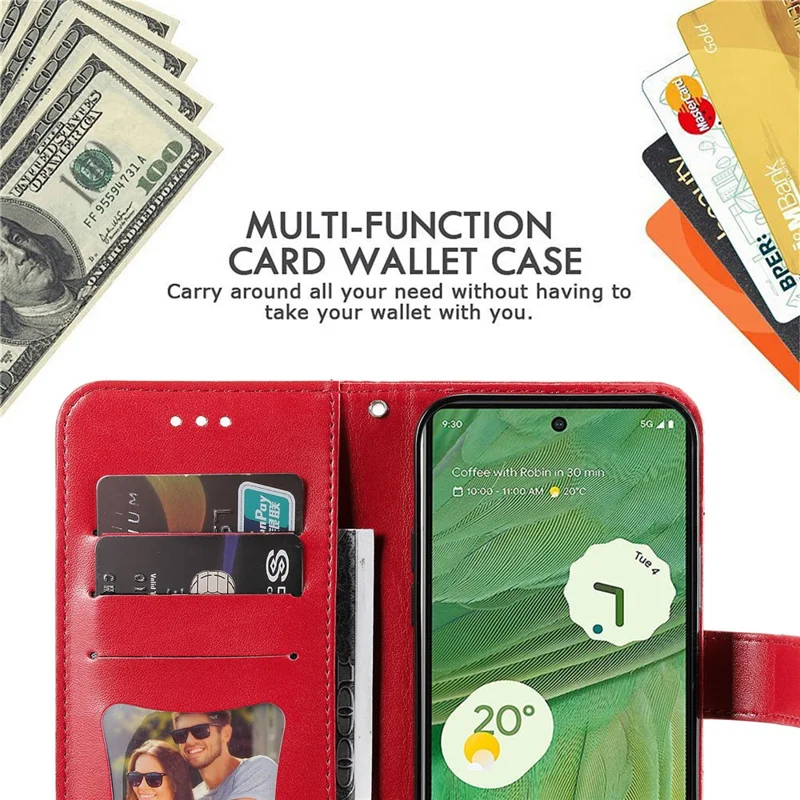 For Google Pixel 7 5G Case Floral Pattern PU Leather Wallet Stand Phone Cover - Red