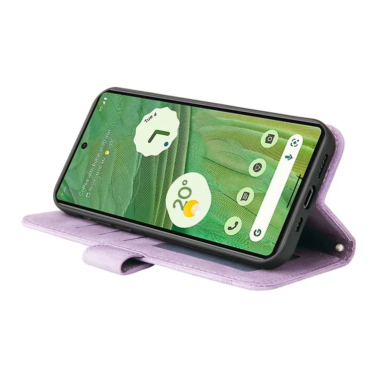 Para Google Pixel 7 5G Anti-Scratch Phone Stand Case Wallet Imprinted Lines Stand Skin-touch Leather Cover - Morado
