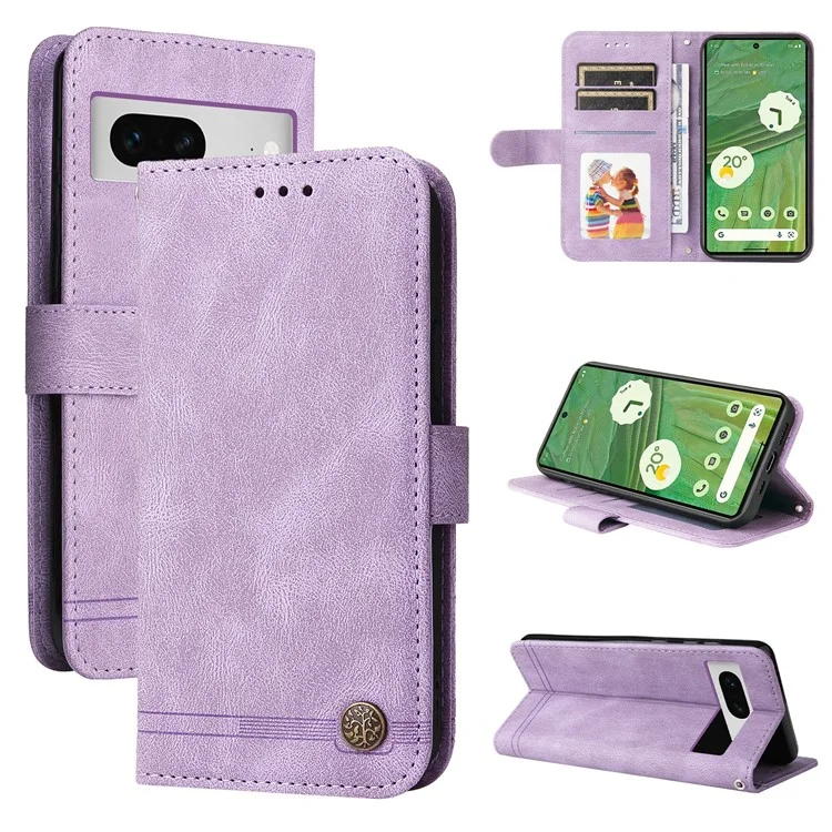 Para Google Pixel 7 5G Anti-Scratch Phone Stand Case Wallet Imprinted Lines Stand Skin-touch Leather Cover - Morado