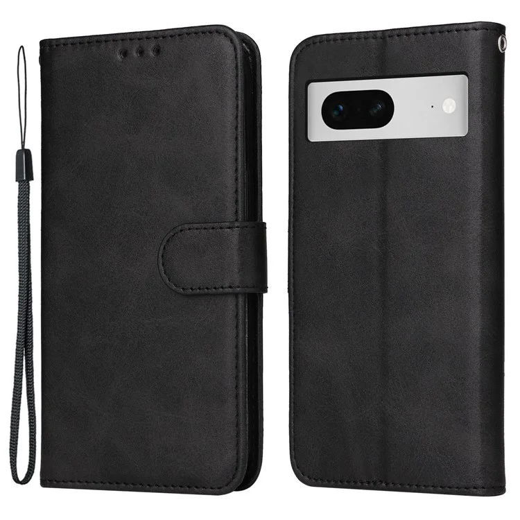 Para Google Pixel 7 5G Calf Texture Phone Cover Wallet Stand Shockproof Case com Alça - Preto