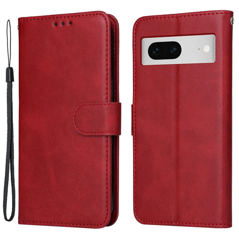 For Google Pixel 7 5G Calf Texture Phone Cover Wallet Stand Shockproof Case with Strap - Red