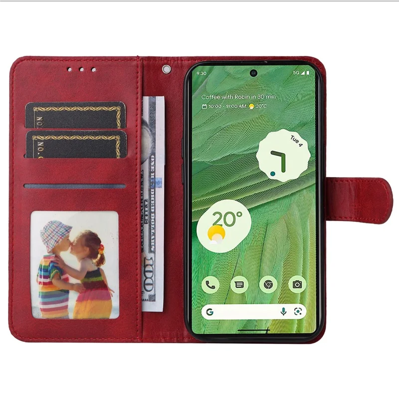 For Google Pixel 7 5G Calf Texture Phone Cover Wallet Stand Shockproof Case with Strap - Red