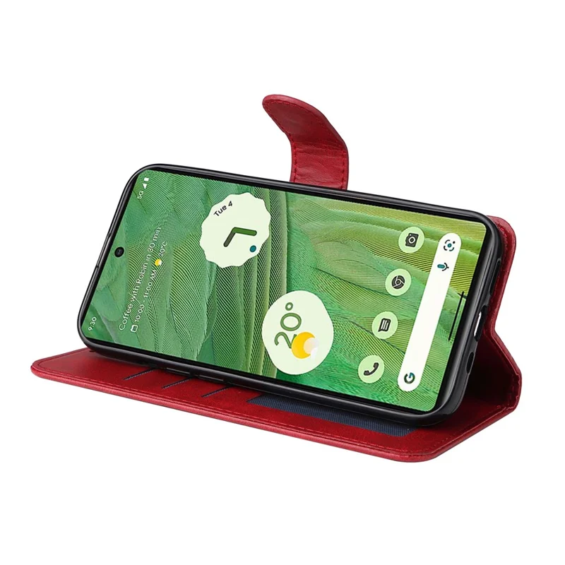 For Google Pixel 7 5G Calf Texture Phone Cover Wallet Stand Shockproof Case with Strap - Red