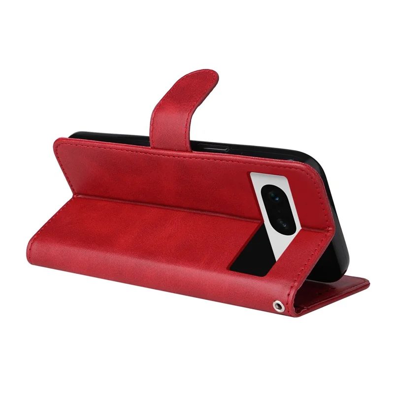 For Google Pixel 7 5G Calf Texture Phone Cover Wallet Stand Shockproof Case with Strap - Red