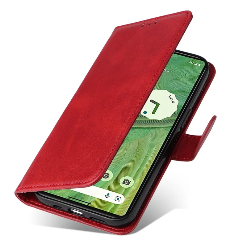 For Google Pixel 7 5G Calf Texture Phone Cover Wallet Stand Shockproof Case with Strap - Red