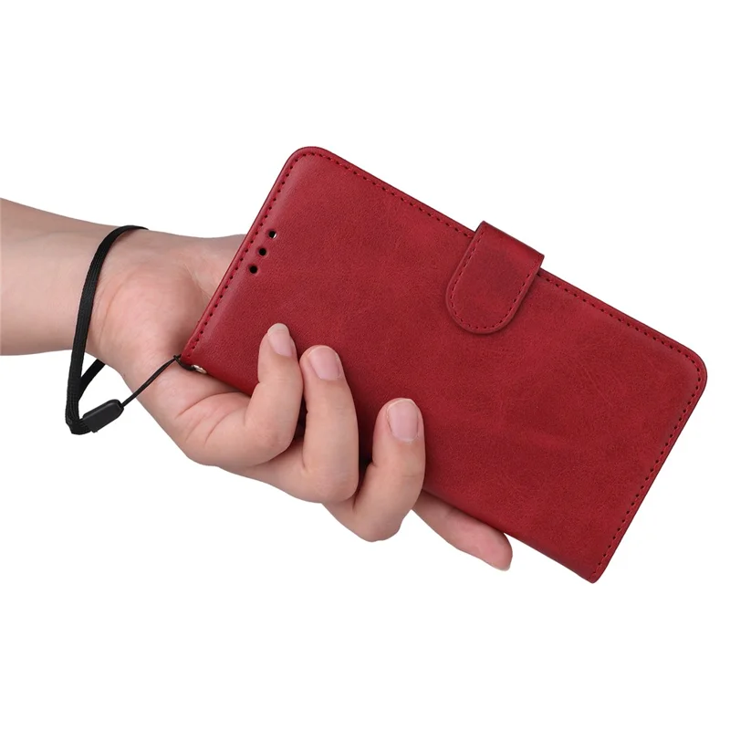 For Google Pixel 7 5G Calf Texture Phone Cover Wallet Stand Shockproof Case with Strap - Red