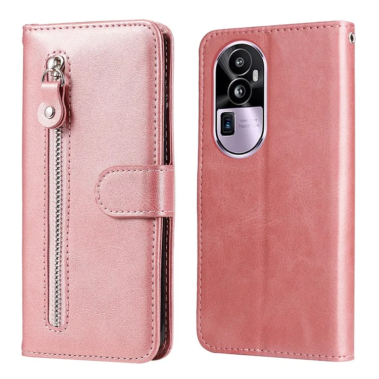 Für Oppo Reno10 Pro+ 5G Kalbsleder-Handy-Case mit Reißverschlusstasche und Ständer - Pink