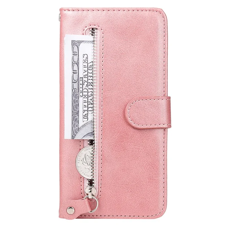 Für Oppo Reno10 Pro+ 5G Kalbsleder-Handy-Case mit Reißverschlusstasche und Ständer - Pink