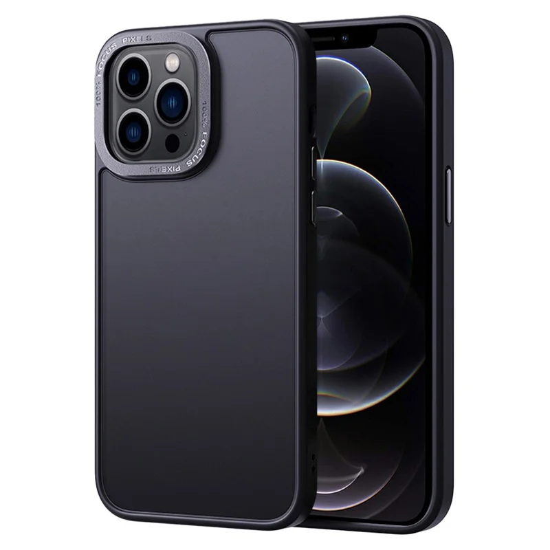For iPhone 12 / 12 Pro Skin-touch Translucent Matte PC+TPU Case Metal Camera Frame Phone Cover - Black