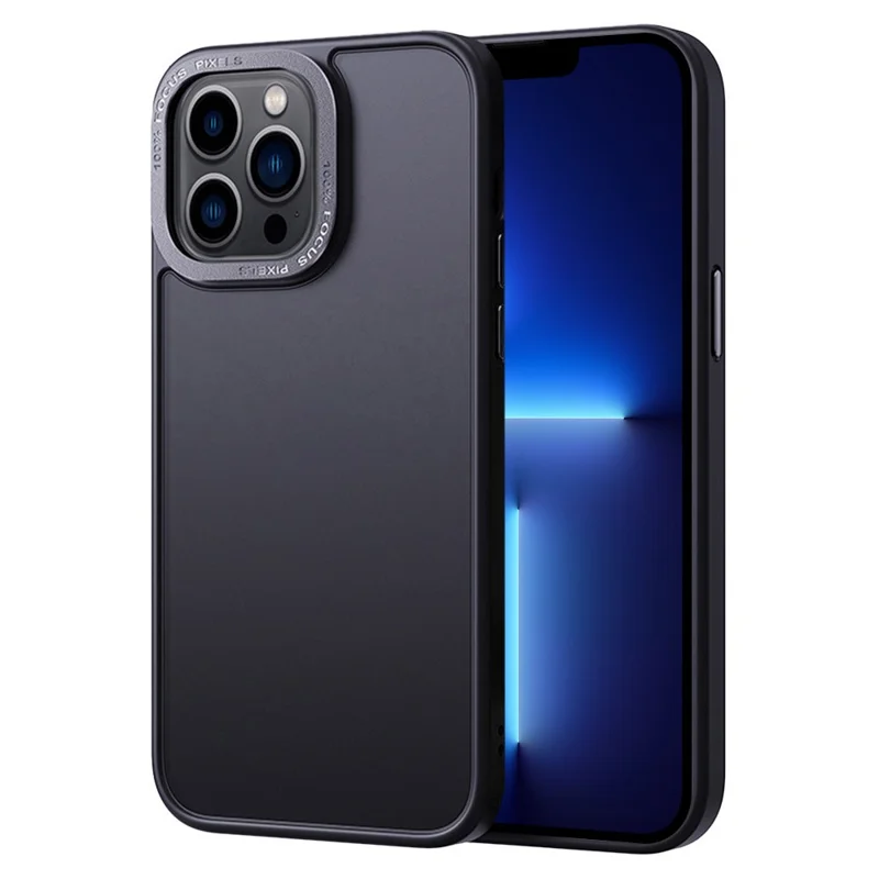 Para iPhone 13 Pro Max Moldura da câmera anti-arranhões em metal Capa de PC+TPU transparente fosca com toque de pele - Preto