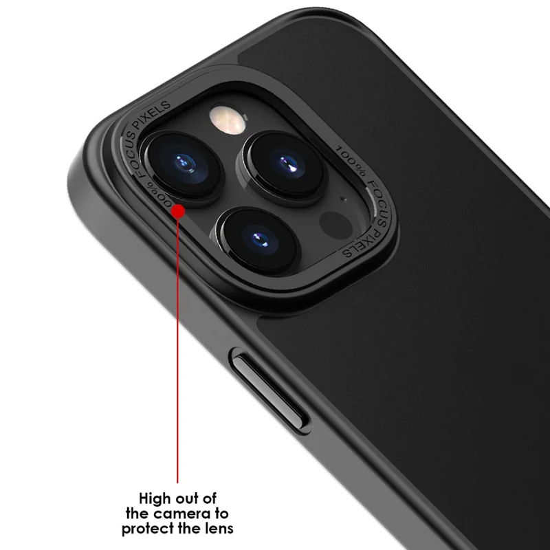 Para iPhone 13 Pro Max Moldura da câmera anti-arranhões em metal Capa de PC+TPU transparente fosca com toque de pele - Preto