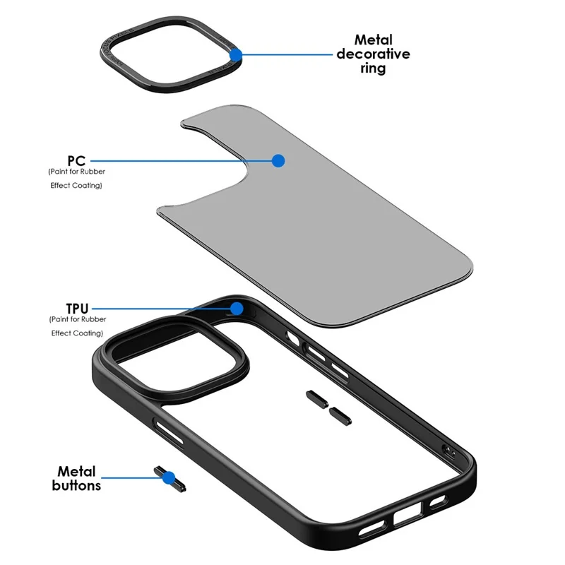 Para iPhone 13 Pro Max Moldura da câmera anti-arranhões em metal Capa de PC+TPU transparente fosca com toque de pele - Preto