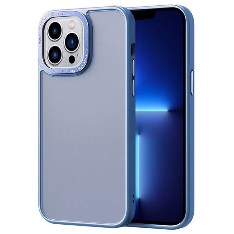 Pour iPhone 13 Pro Max Cadre de caméra en métal anti-rayures Étui de téléphone PC+TPU mat translucide avec toucher peau - Bleu bébé