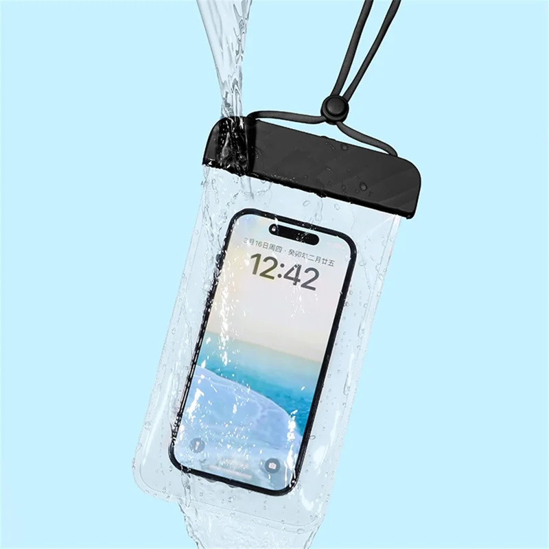 IPX8 Waterproof Pouch for Under 7.2-inches Cell Phone Floating Wave Texture Clear TPU Phone Case Dry Bag with Lanyard - Black