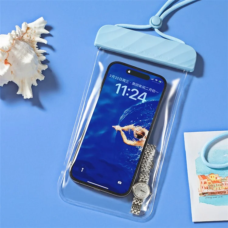 IPX8 Waterproof Pouch for Under 7.2-inches Cell Phone Floating Wave Texture Clear TPU Phone Case Dry Bag with Lanyard - Blue