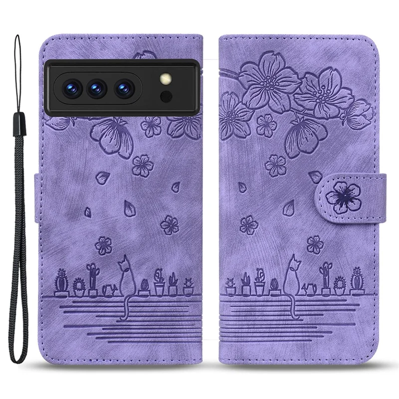 Para o Google Pixel 8 Pro PU Leather Wallet Stand Case Imprinted Flower Cat Phone Cover with Strap - Roxo