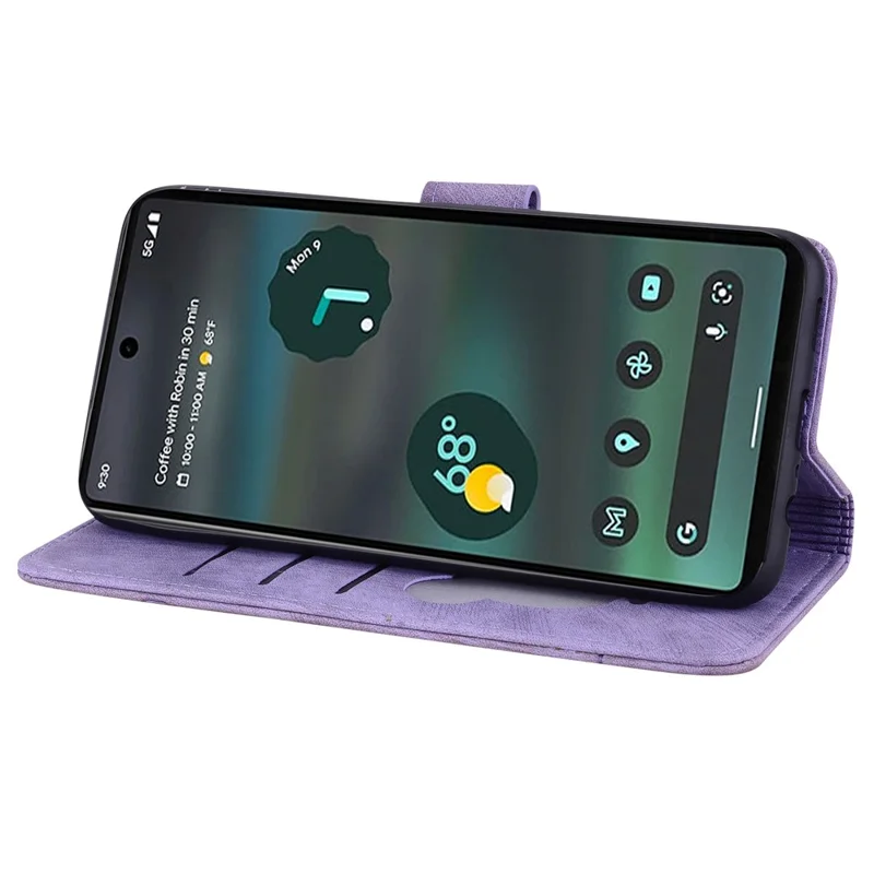 Para o Google Pixel 8 Pro PU Leather Wallet Stand Case Imprinted Flower Cat Phone Cover with Strap - Roxo