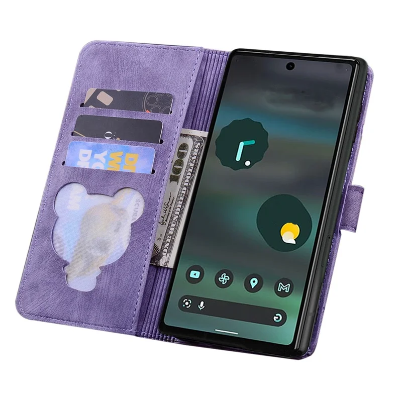 Para o Google Pixel 8 Pro PU Leather Wallet Stand Case Imprinted Flower Cat Phone Cover with Strap - Roxo