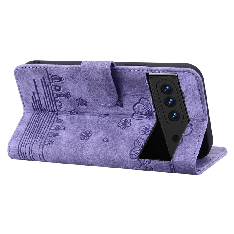 Para o Google Pixel 8 Pro PU Leather Wallet Stand Case Imprinted Flower Cat Phone Cover with Strap - Roxo