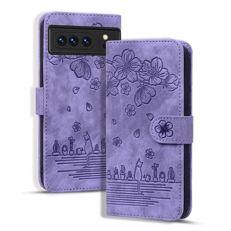 Para o Google Pixel 8 Pro PU Leather Wallet Stand Case Imprinted Flower Cat Phone Cover with Strap - Roxo