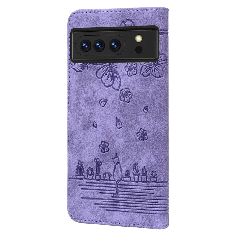 Para o Google Pixel 8 Pro PU Leather Wallet Stand Case Imprinted Flower Cat Phone Cover with Strap - Roxo