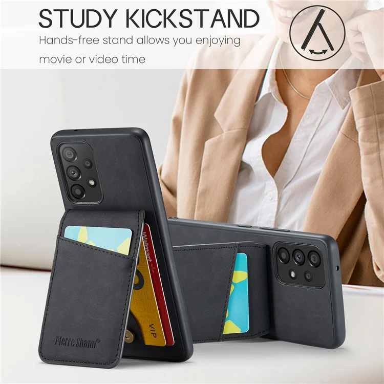 FIERRE SHANN PU Leder+TPU Handyhülle für Samsung Galaxy A53 5G RFID-blockierende Kartenfächer Ständer Hülle - Schwarz