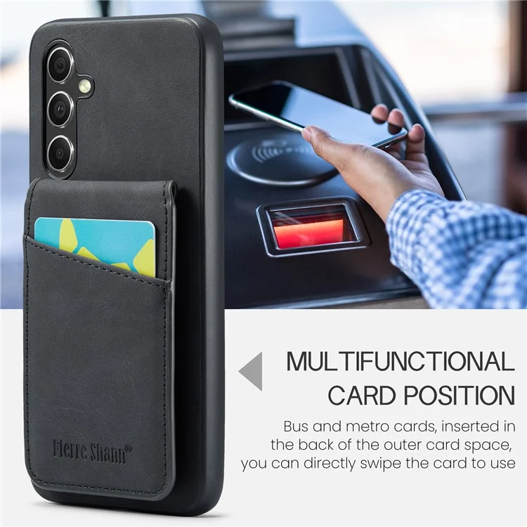 FIERRE SHANN Card Slots Back Case для Samsung Galaxy A54 5G PU Кожа+TPU Телефон Kickstand Cover - Черный