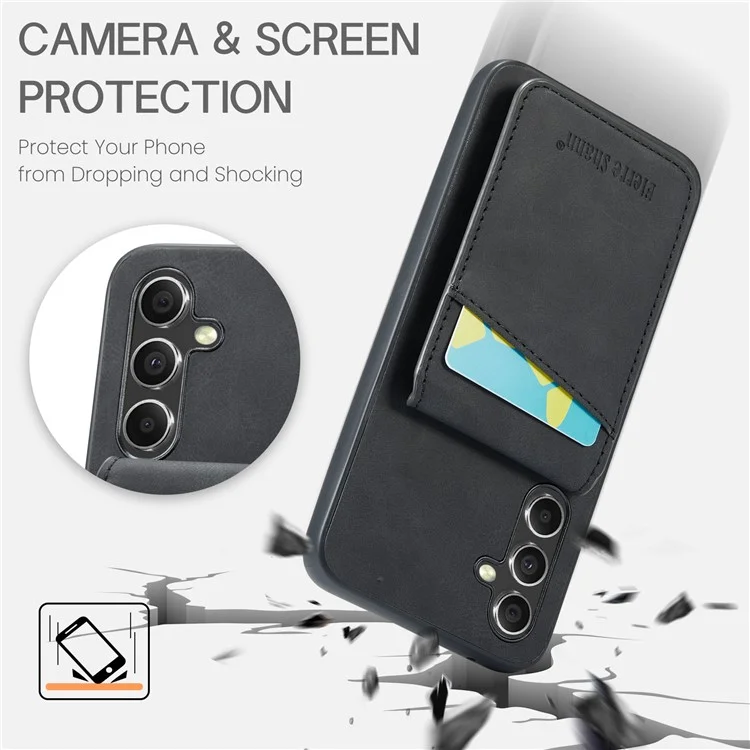 FIERRE SHANN Card Slots Back Case для Samsung Galaxy A54 5G PU Кожа+TPU Телефон Kickstand Cover - Черный