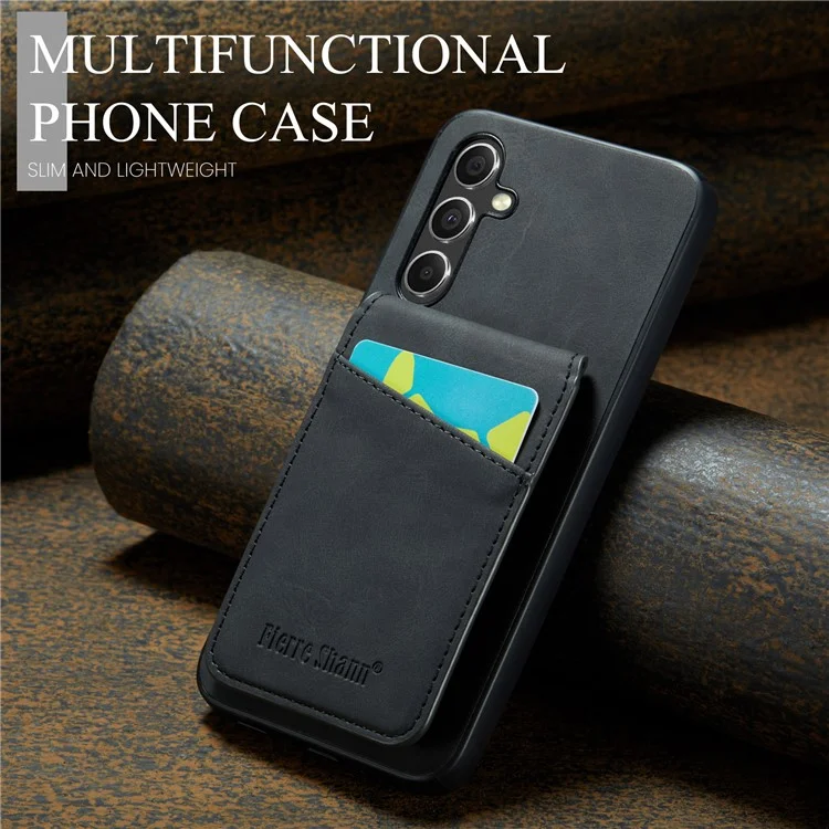 FIERRE SHANN Card Slots Back Case для Samsung Galaxy A54 5G PU Кожа+TPU Телефон Kickstand Cover - Черный
