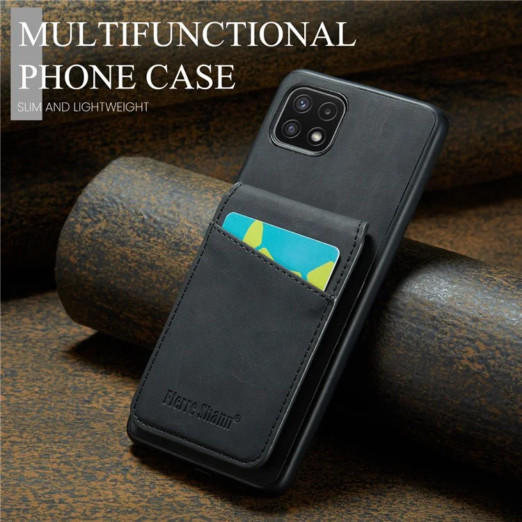 FIERRE SHANN Anti-drop Case per Samsung Galaxy A22 5G (Versione EU) Slot per Schede Pelle PU+TPU Custodia con Supporto - Nero