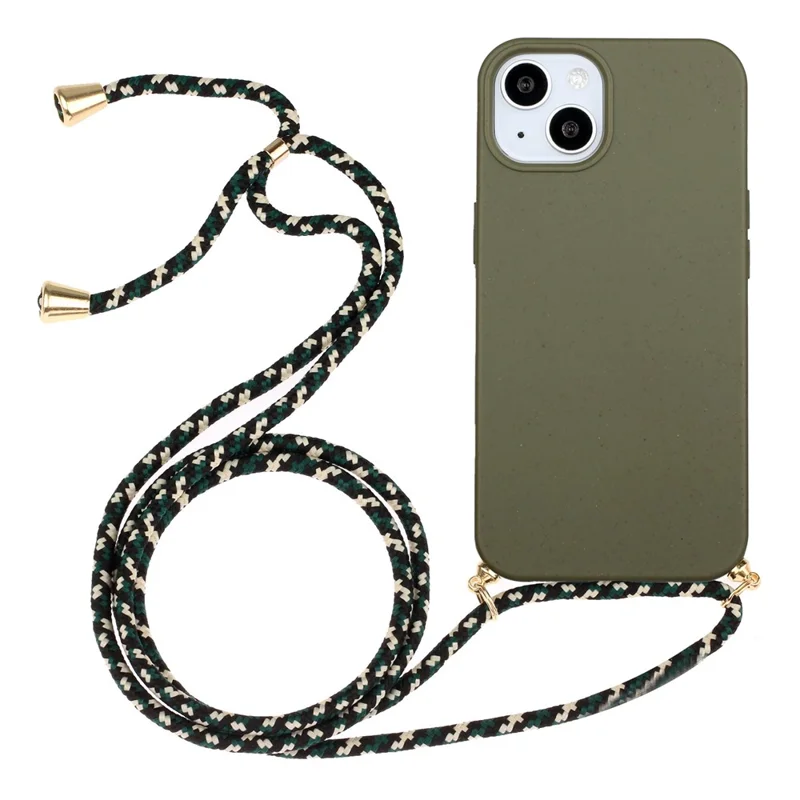 For iPhone 15 Eco Friendly Phone Case Compostable Wheat Straw+TPU Shock Absorbing Cover with Lanyard - Army Green