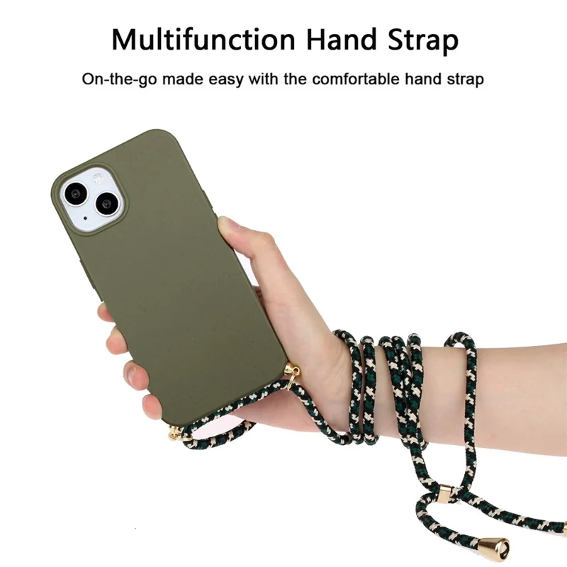 For iPhone 15 Eco Friendly Phone Case Compostable Wheat Straw+TPU Shock Absorbing Cover with Lanyard - Army Green