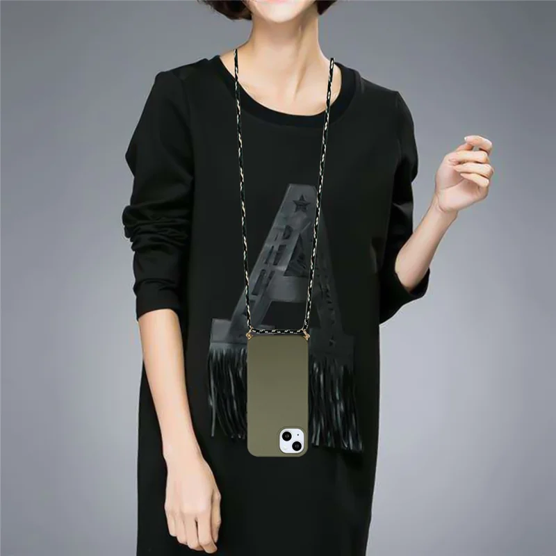 For iPhone 15 Eco Friendly Phone Case Compostable Wheat Straw+TPU Shock Absorbing Cover with Lanyard - Army Green