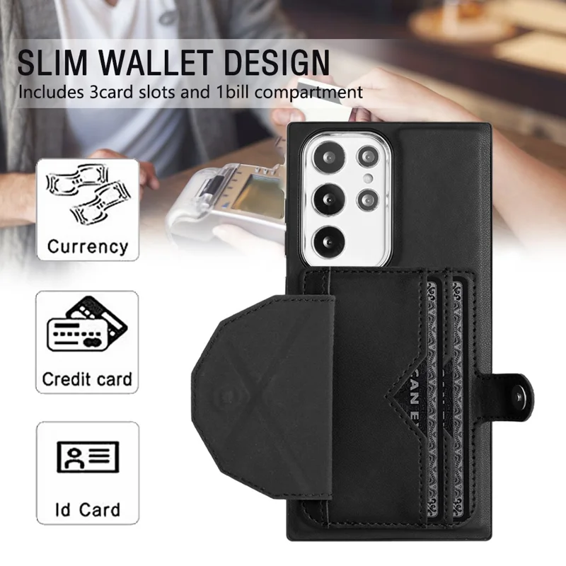 Série de revêtement en cuir YB Kickstand Case pour Samsung Galaxy S23 Ultra Fentes pour cartes Housse de téléphone en TPU enduit de cuir - Noir