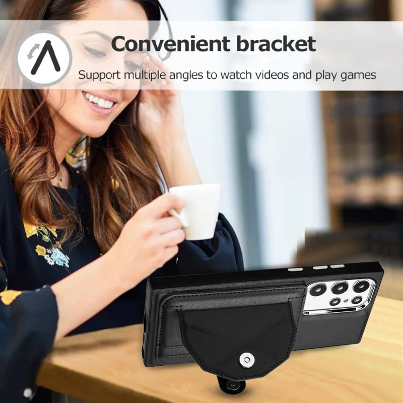Série de revêtement en cuir YB Kickstand Case pour Samsung Galaxy S23 Ultra Fentes pour cartes Housse de téléphone en TPU enduit de cuir - Noir