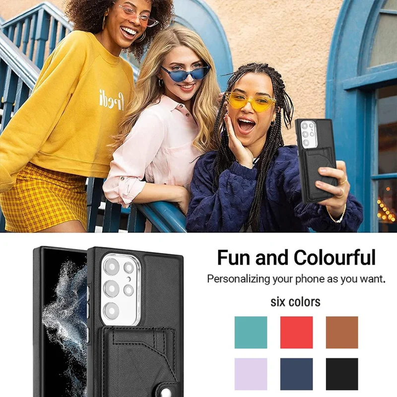 Série de revêtement en cuir YB Kickstand Case pour Samsung Galaxy S23 Ultra Fentes pour cartes Housse de téléphone en TPU enduit de cuir - Noir