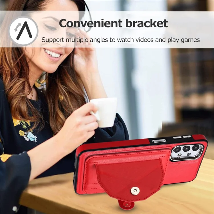 YB Leather Coating Series-4 for Samsung Galaxy A23 4G / A23 5G (Global Version) / F23 5G / M23 5G Kickstand Case Card Holder Phone Cover - Red