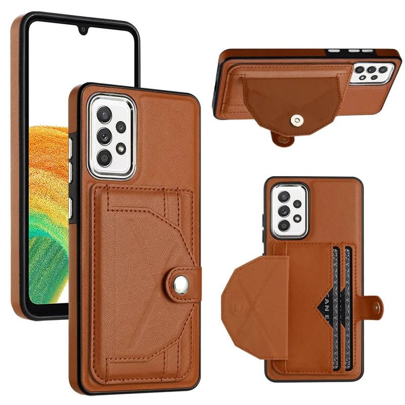 YB Leather Coating Series-4 Card Holder Case for Samsung Galaxy A33 5G PU Leather Coated TPU Kickstand Phone Cover - Brown