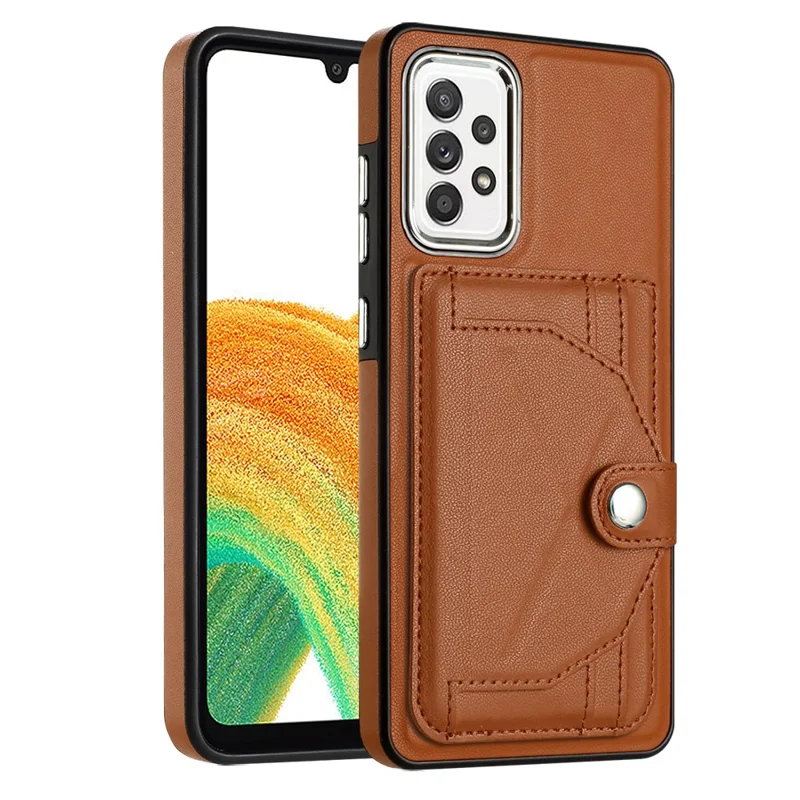 YB Leather Coating Series-4 Card Holder Case for Samsung Galaxy A33 5G PU Leather Coated TPU Kickstand Phone Cover - Brown