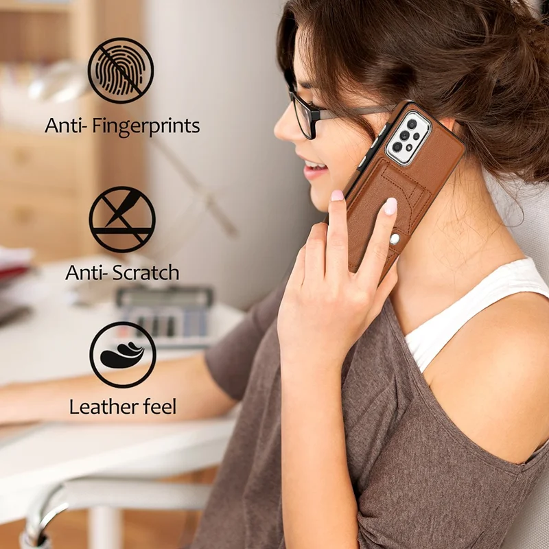 YB Leather Coating Series-4 Card Holder Case for Samsung Galaxy A33 5G PU Leather Coated TPU Kickstand Phone Cover - Brown
