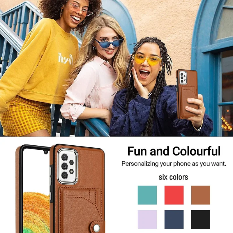 YB Leather Coating Series-4 Card Holder Case for Samsung Galaxy A33 5G PU Leather Coated TPU Kickstand Phone Cover - Brown