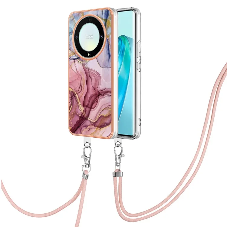 YB IMD Series-18 Style E Electroplating Phone Case for Honor X9a 5G / Magic5 Lite 5G , 2.0mm TPU Marble Pattern Cover with Lanyard - Rose Gold