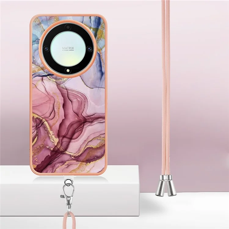 YB IMD Series-18 Style E Electroplating Phone Case for Honor X9a 5G / Magic5 Lite 5G , 2.0mm TPU Marble Pattern Cover with Lanyard - Rose Gold