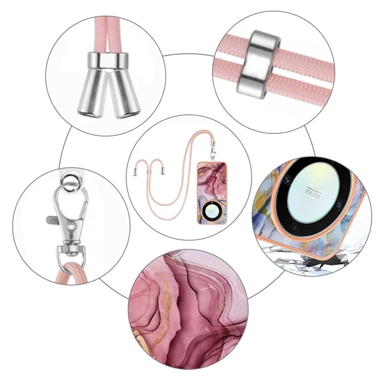 YB IMD Series-18 Style E Electroplating Phone Case for Honor X9a 5G / Magic5 Lite 5G , 2.0mm TPU Marble Pattern Cover with Lanyard - Rose Gold