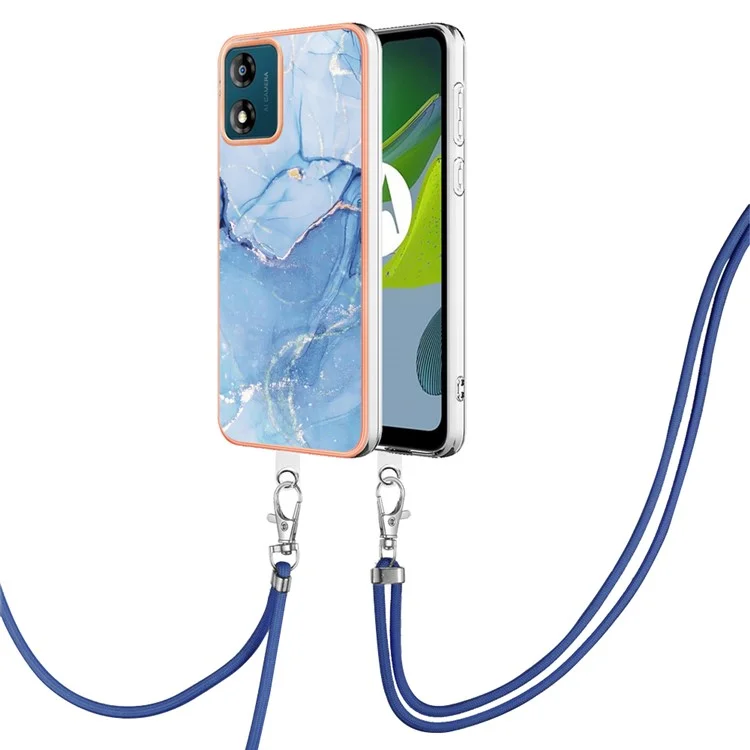 YB IMD Series-18 Style E for Motorola Moto E13 4G Marble Pattern Phone Case 2.0mm TPU Shockproof Cover with Lanyard - Blue